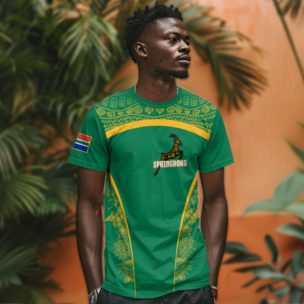 South Africa Springboks T shirt with Tribal Antelope Design and Floral Accents