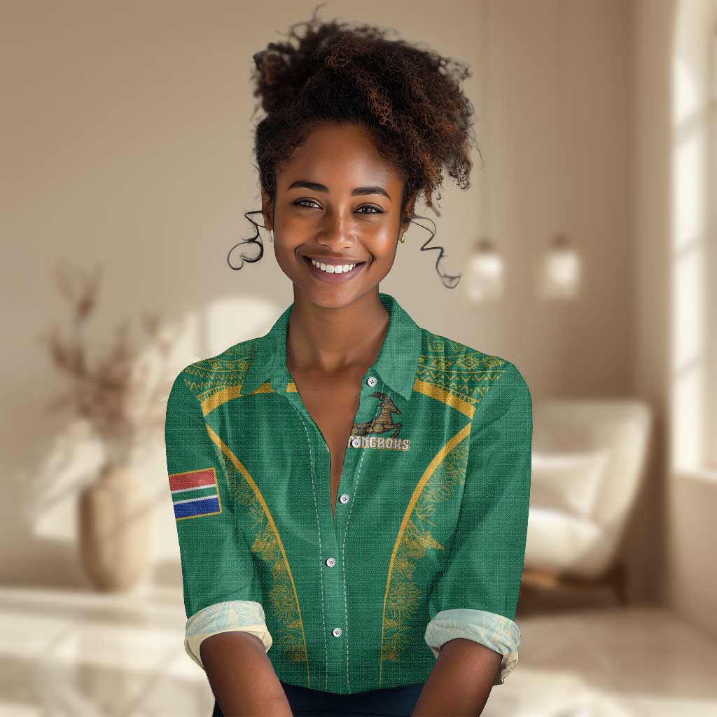 South Africa Springboks Women Casual Shirt with Tribal Antelope Design and Floral Accents