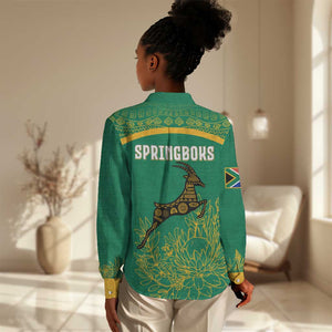 South Africa Springboks Women Casual Shirt with Tribal Antelope Design and Floral Accents