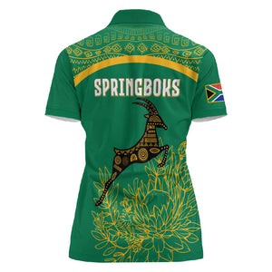 South Africa Springboks Women Polo Shirt with Tribal Antelope Design and Floral Accents