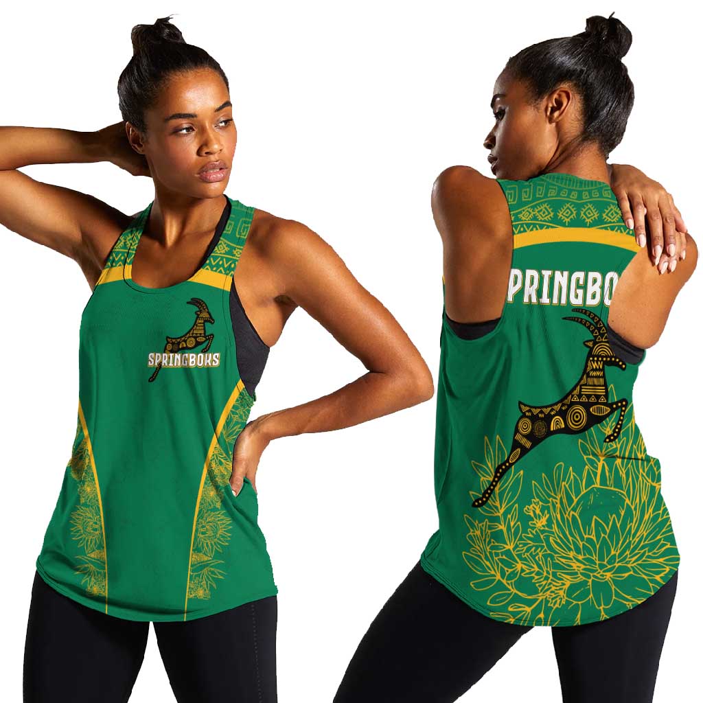 South Africa Springboks Women Racerback Tank with Tribal Antelope Design and Floral Accents