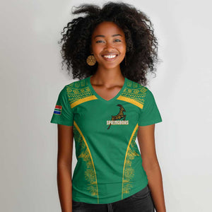 South Africa Springboks Women V-Neck T-Shirt with Tribal Antelope Design and Floral Accents