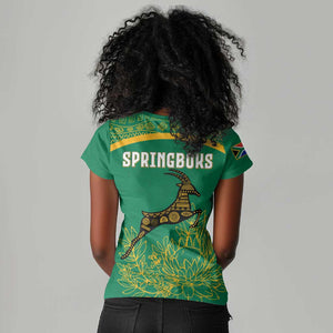 South Africa Springboks Women V-Neck T-Shirt with Tribal Antelope Design and Floral Accents