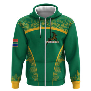 South Africa Springboks Zip Hoodie with Tribal Antelope Design and Floral Accents