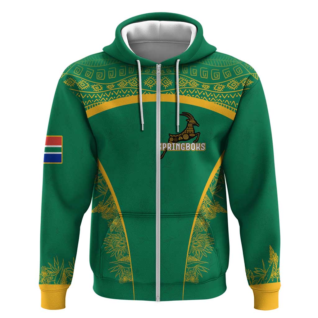 South Africa Springboks Zip Hoodie with Tribal Antelope Design and Floral Accents
