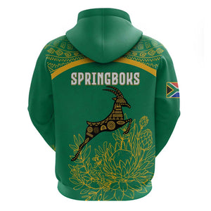 South Africa Springboks Zip Hoodie with Tribal Antelope Design and Floral Accents