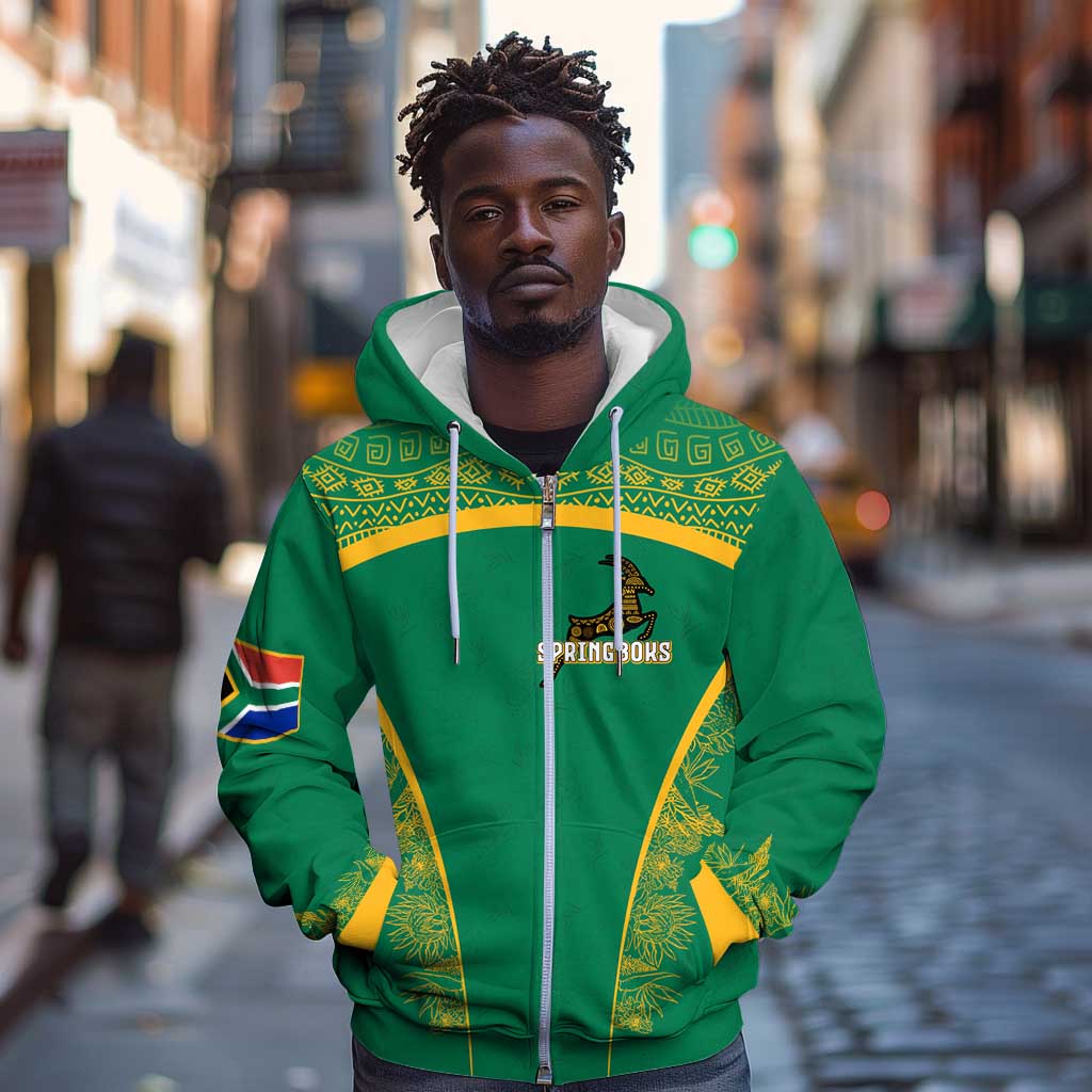 South Africa Springboks Zip Hoodie with Tribal Antelope Design and Floral Accents