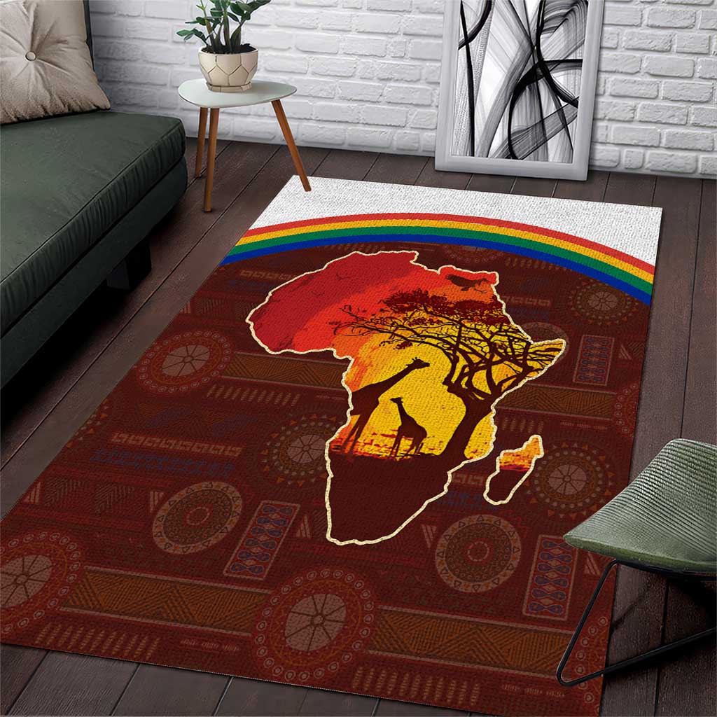 African Sunset Area Rug Tribal Pattern Continent Silhouette - Rainbow Arc Safari Scene