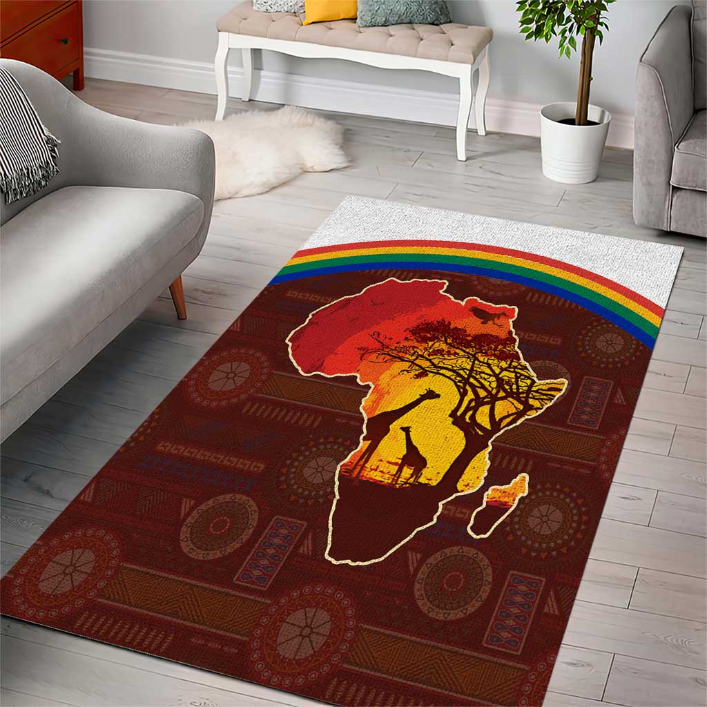 African Sunset Area Rug Tribal Pattern Continent Silhouette - Rainbow Arc Safari Scene