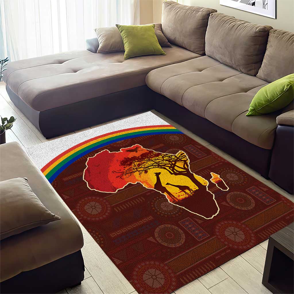 African Sunset Area Rug Tribal Pattern Continent Silhouette - Rainbow Arc Safari Scene