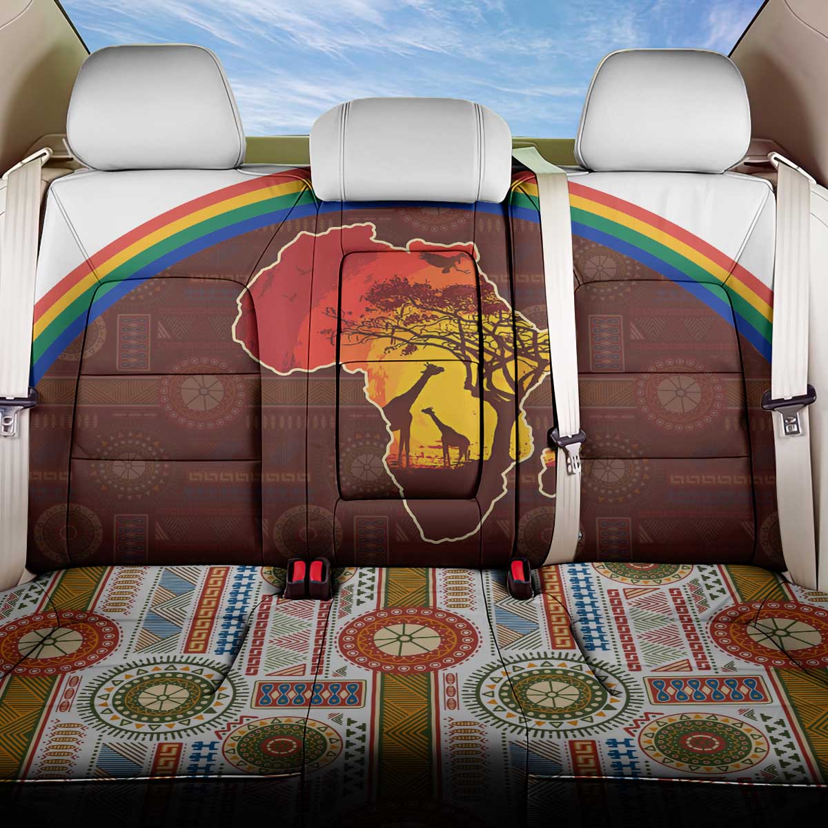 African Sunset Back Car Seat Cover Tribal Pattern Continent Silhouette - Rainbow Arc Safari Scene
