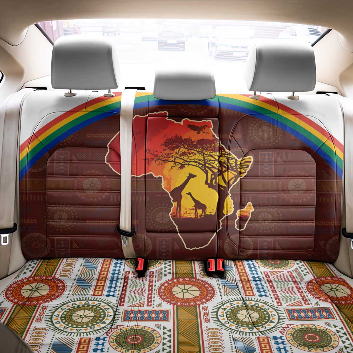 African Sunset Back Car Seat Cover Tribal Pattern Continent Silhouette - Rainbow Arc Safari Scene