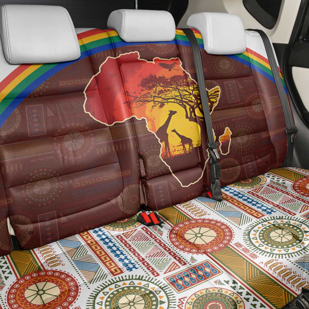 African Sunset Back Car Seat Cover Tribal Pattern Continent Silhouette - Rainbow Arc Safari Scene