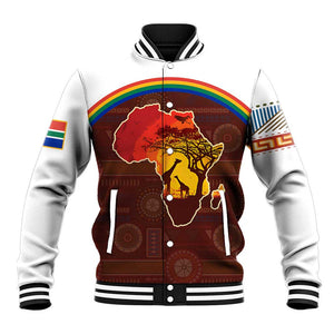 African Sunset Baseball Jacket Tribal Pattern Continent Silhouette - Rainbow Arc Safari Scene