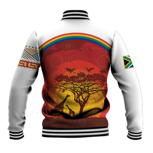 African Sunset Baseball Jacket Tribal Pattern Continent Silhouette - Rainbow Arc Safari Scene