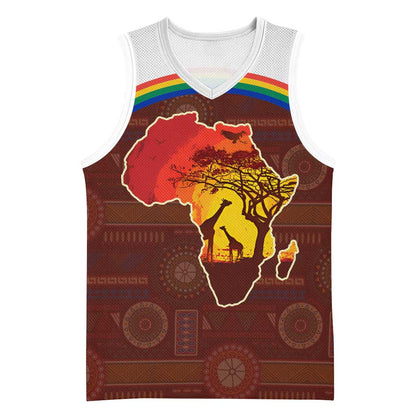 African Sunset Basketball Jersey Tribal Pattern Continent Silhouette - Rainbow Arc Safari Scene - African Pride