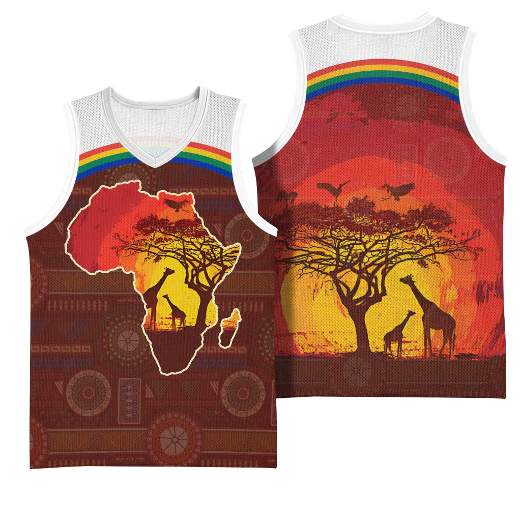 African Sunset Basketball Jersey Tribal Pattern Continent Silhouette - Rainbow Arc Safari Scene - African Pride