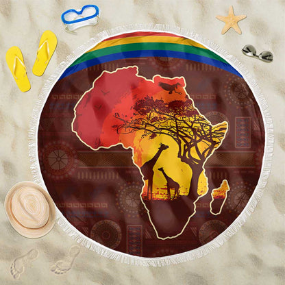 African Sunset Beach Blanket Tribal Pattern Continent Silhouette - Rainbow Arc Safari Scene