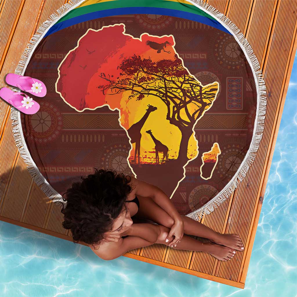 African Sunset Beach Blanket Tribal Pattern Continent Silhouette - Rainbow Arc Safari Scene