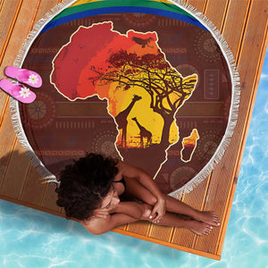 African Sunset Beach Blanket Tribal Pattern Continent Silhouette - Rainbow Arc Safari Scene