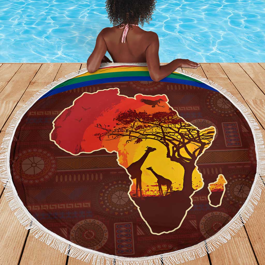 African Sunset Beach Blanket Tribal Pattern Continent Silhouette - Rainbow Arc Safari Scene