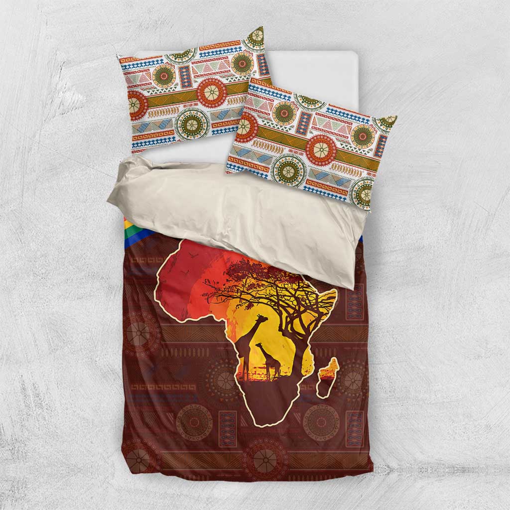 African Sunset Bedding Set Tribal Pattern Continent Silhouette - Rainbow Arc Safari Scene
