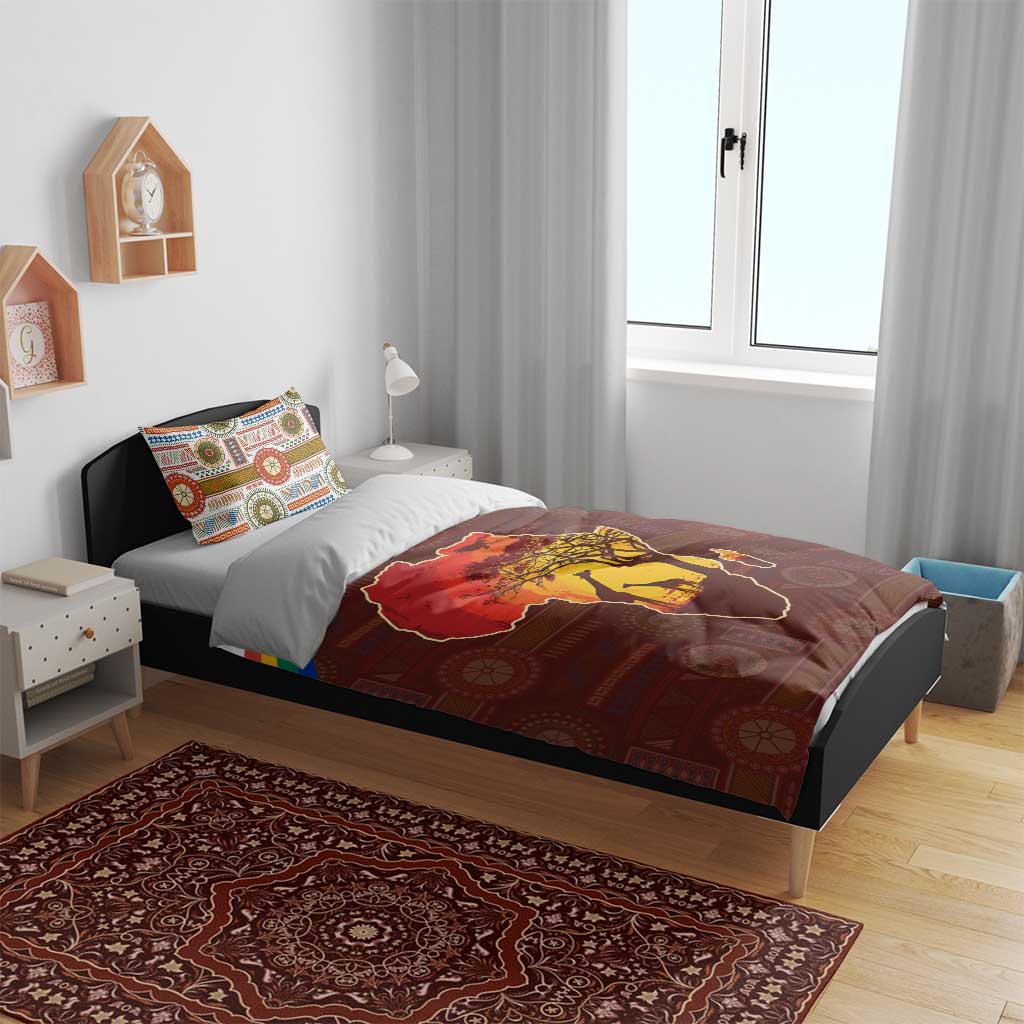 African Sunset Bedding Set Tribal Pattern Continent Silhouette - Rainbow Arc Safari Scene