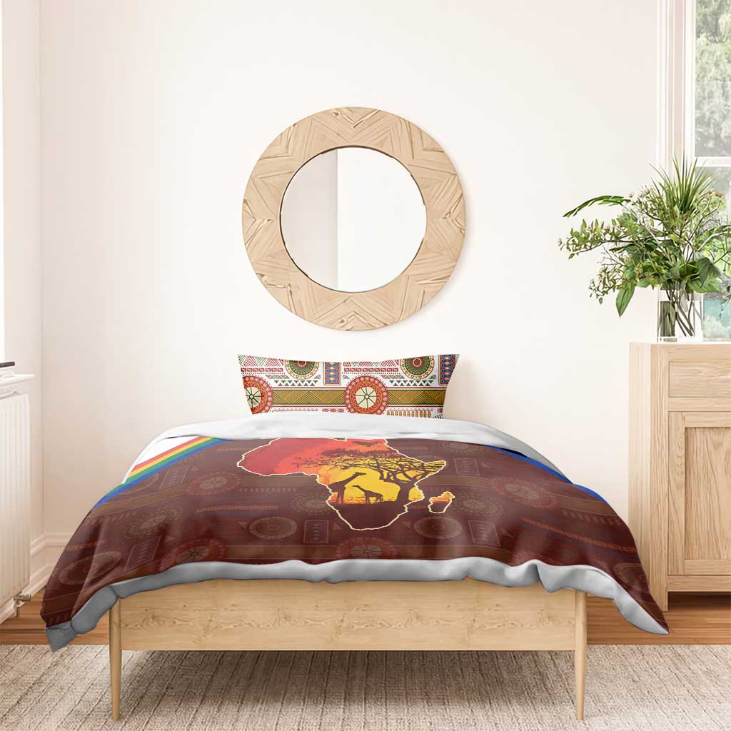 African Sunset Bedding Set Tribal Pattern Continent Silhouette - Rainbow Arc Safari Scene