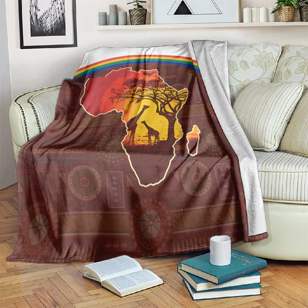 African Sunset Blanket Tribal Pattern Continent Silhouette - Rainbow Arc Safari Scene