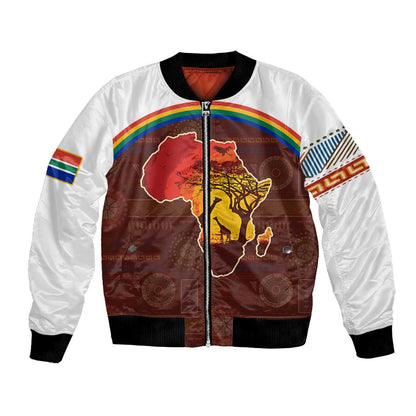 African Sunset Bomber Jacket Tribal Pattern Continent Silhouette - Rainbow Arc Safari Scene