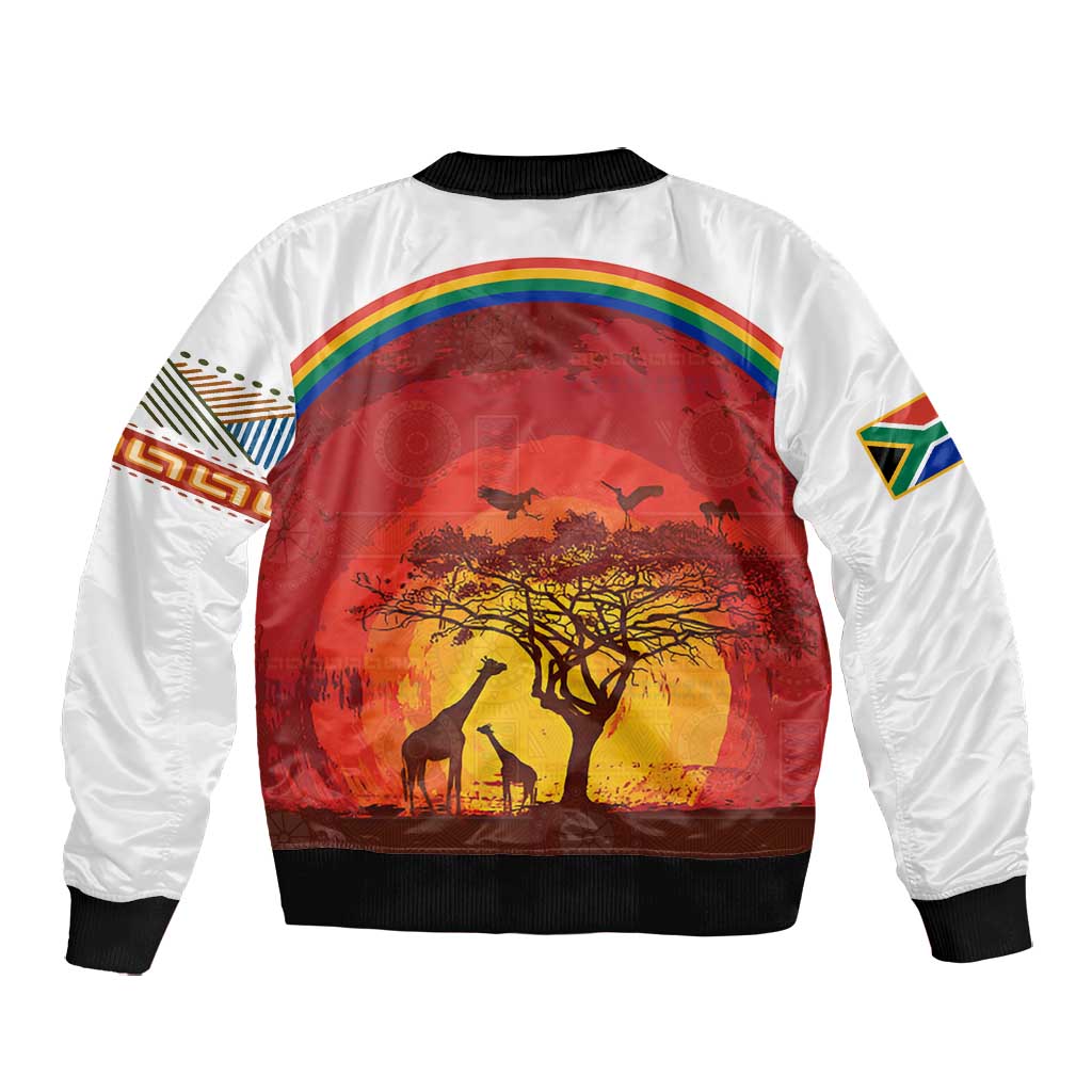 African Sunset Bomber Jacket Tribal Pattern Continent Silhouette - Rainbow Arc Safari Scene
