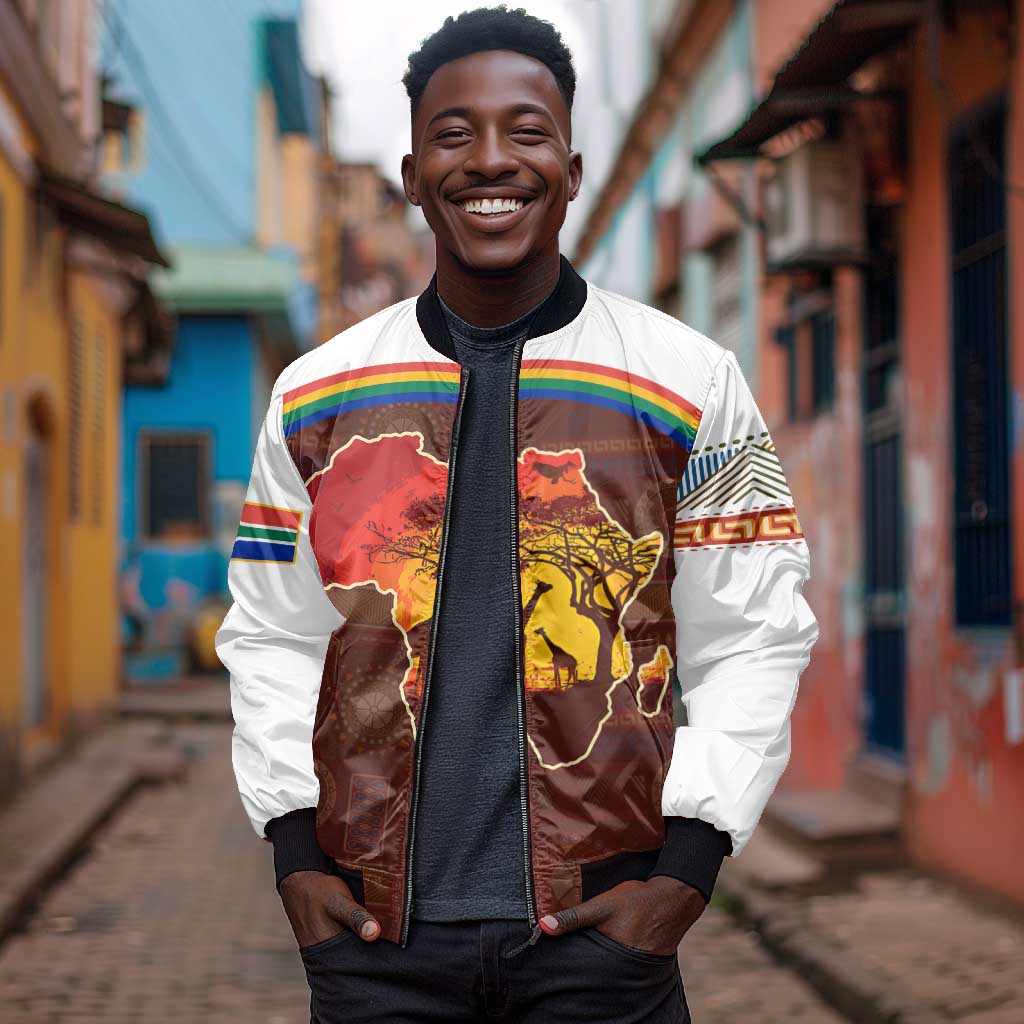 African Sunset Bomber Jacket Tribal Pattern Continent Silhouette - Rainbow Arc Safari Scene