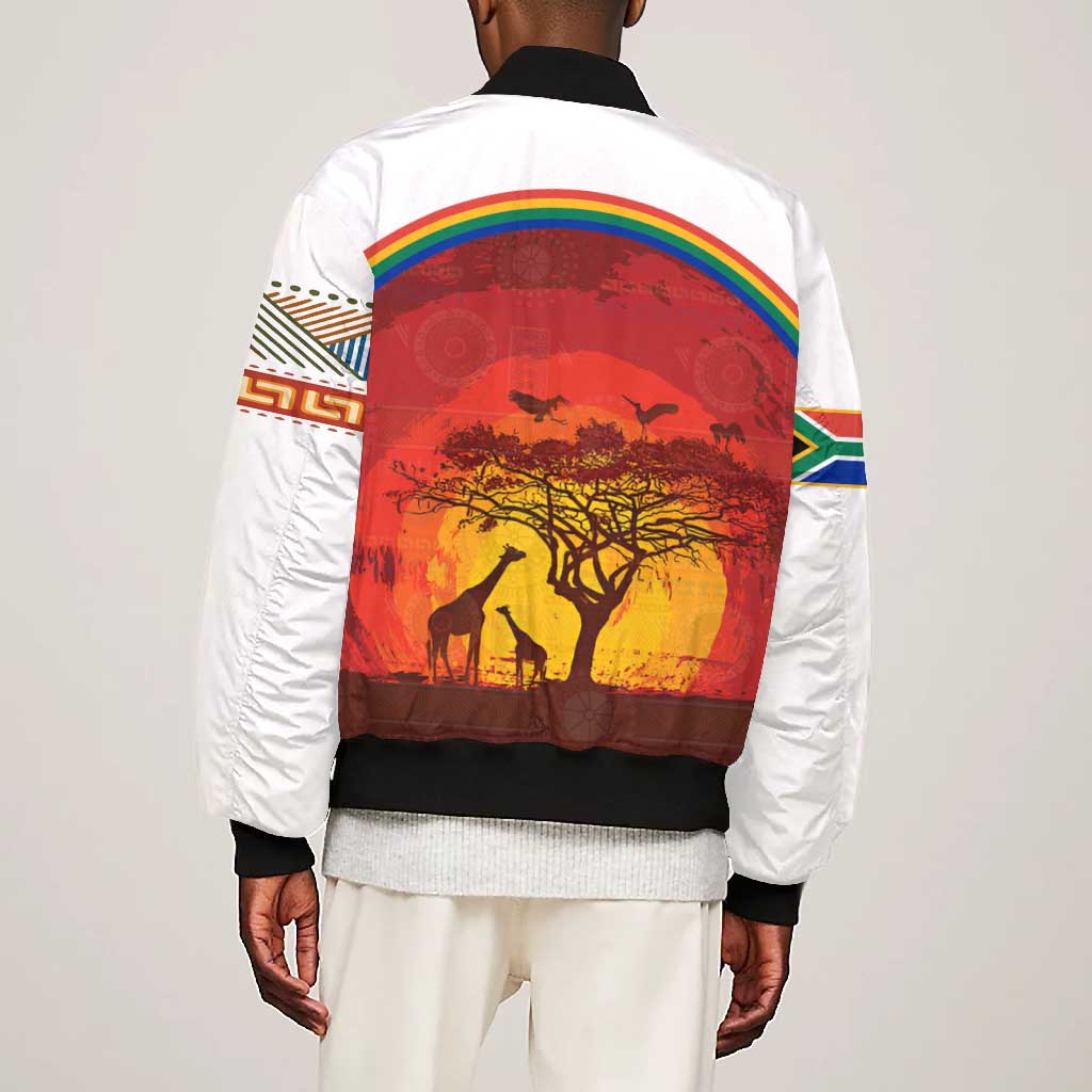 African Sunset Bomber Jacket Tribal Pattern Continent Silhouette - Rainbow Arc Safari Scene