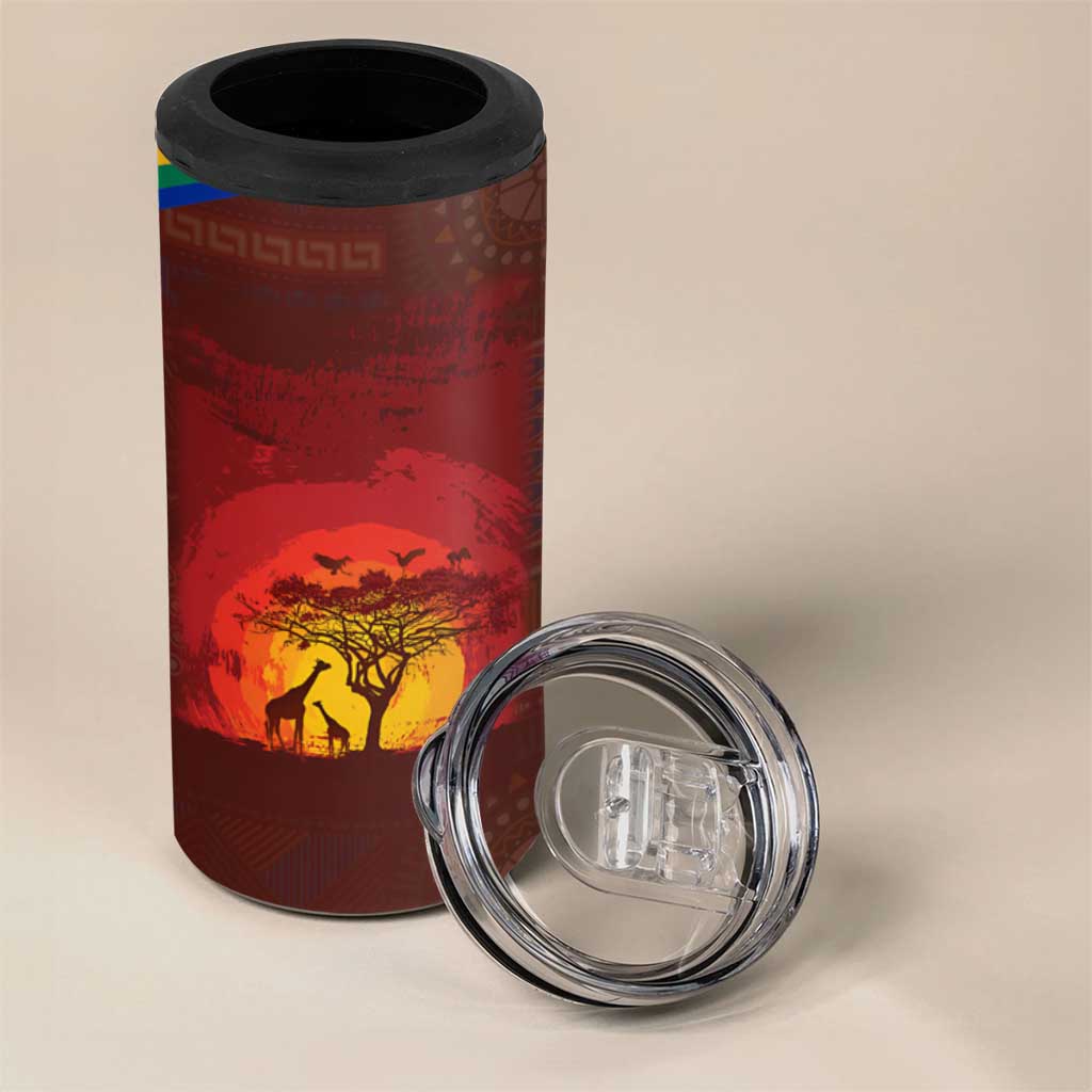 African Sunset 4 in 1 Can Cooler Tumbler Tribal Pattern Continent Silhouette - Rainbow Arc Safari Scene
