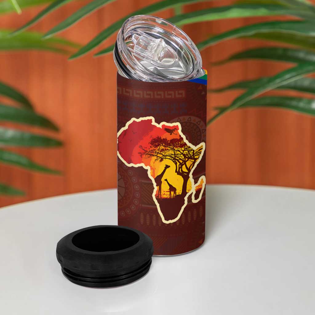 African Sunset 4 in 1 Can Cooler Tumbler Tribal Pattern Continent Silhouette - Rainbow Arc Safari Scene