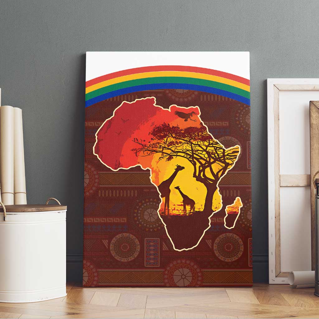 African Sunset Canvas Wall Art Tribal Pattern Continent Silhouette - Rainbow Arc Safari Scene