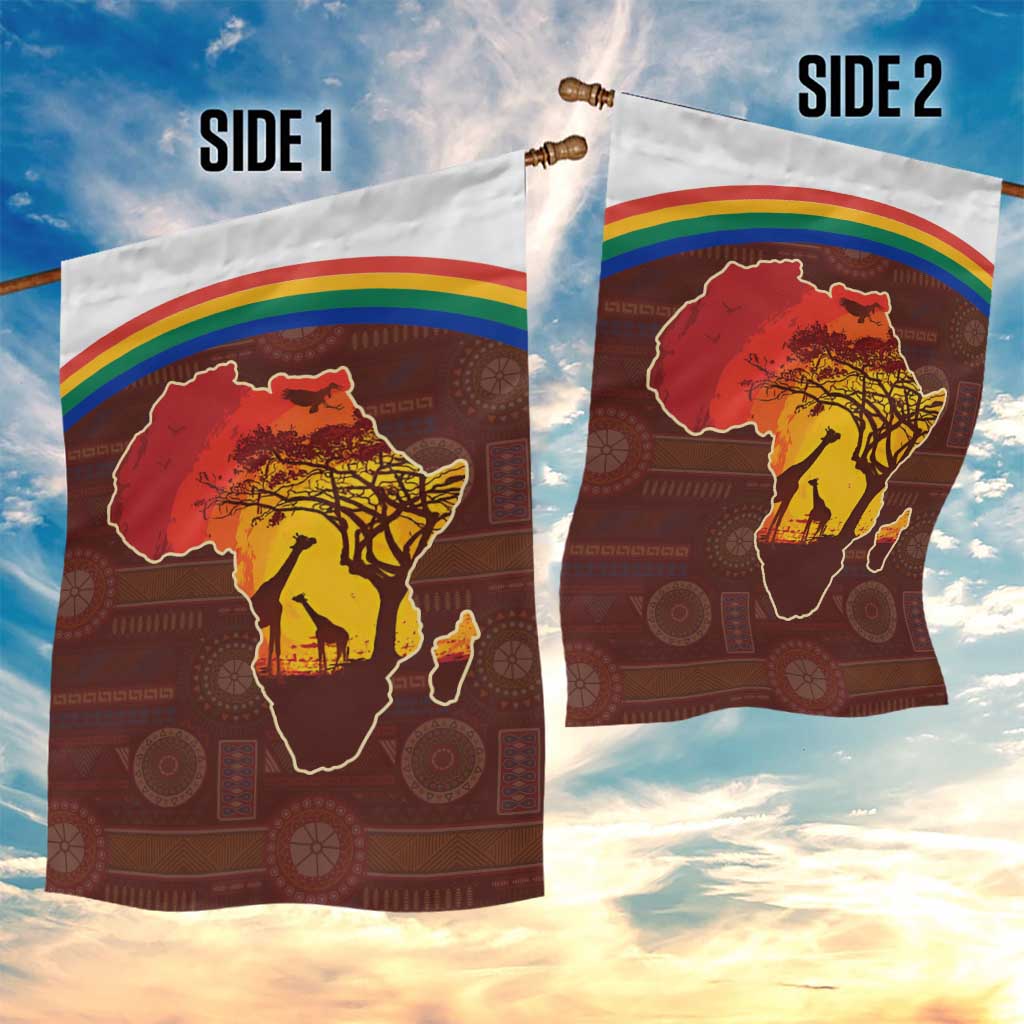 African Sunset Garden Flag Tribal Pattern Continent Silhouette - Rainbow Arc Safari Scene