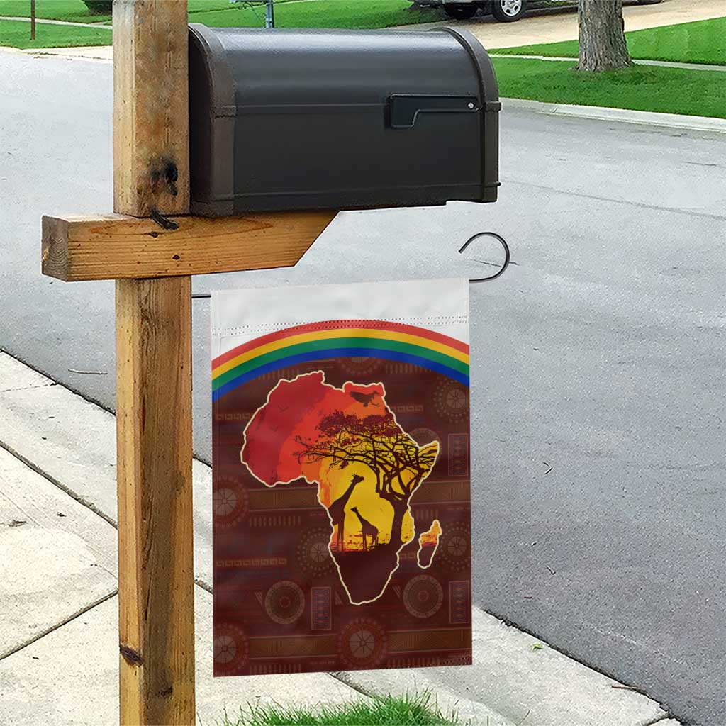 African Sunset Garden Flag Tribal Pattern Continent Silhouette - Rainbow Arc Safari Scene