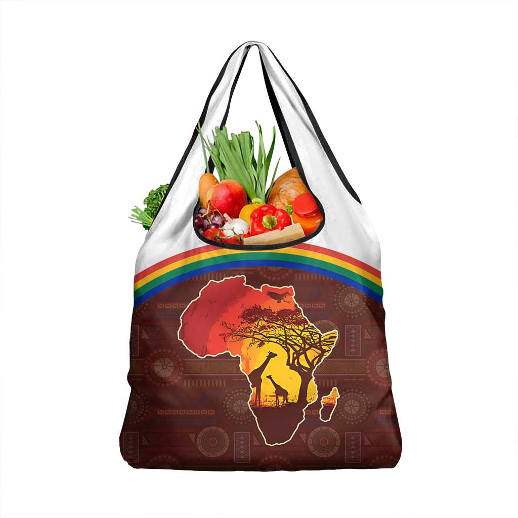 African Sunset Grocery Bag Tribal Pattern Continent Silhouette - Rainbow Arc Safari Scene