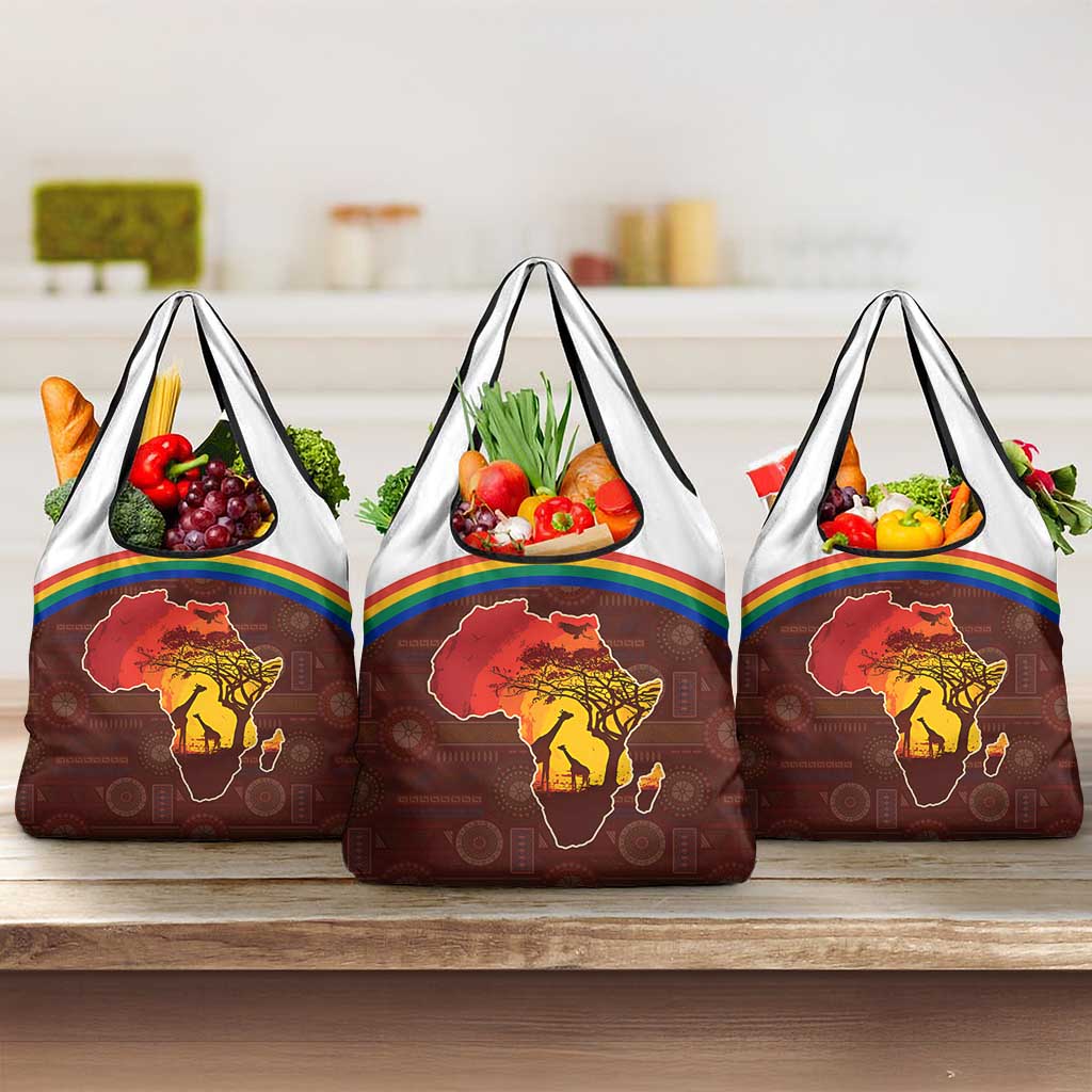 African Sunset Grocery Bag Tribal Pattern Continent Silhouette - Rainbow Arc Safari Scene
