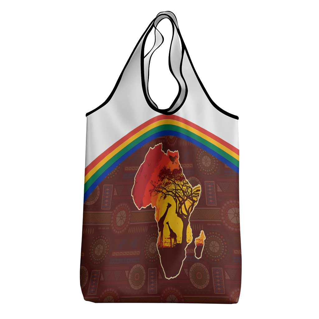 African Sunset Grocery Bag Tribal Pattern Continent Silhouette - Rainbow Arc Safari Scene