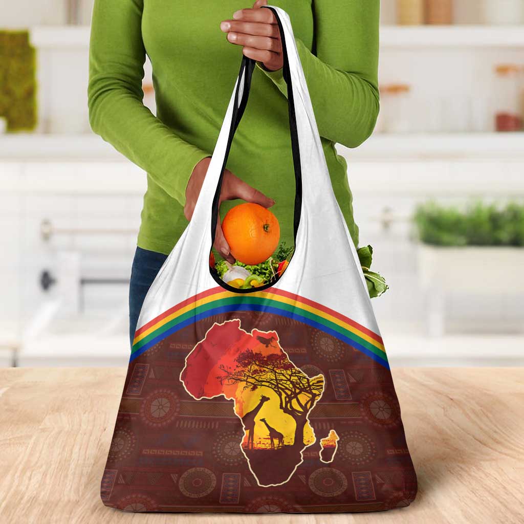 African Sunset Grocery Bag Tribal Pattern Continent Silhouette - Rainbow Arc Safari Scene