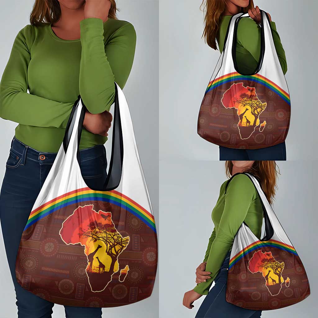African Sunset Grocery Bag Tribal Pattern Continent Silhouette - Rainbow Arc Safari Scene