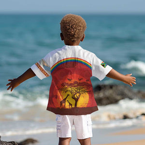 African Sunset Kid Hawaiian Shirt Tribal Pattern Continent Silhouette - Rainbow Arc Safari Scene