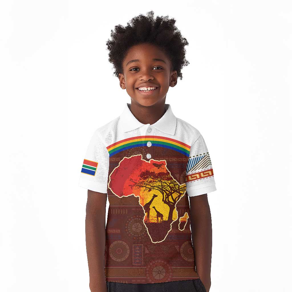 African Sunset Kid Polo Shirt Tribal Pattern Continent Silhouette - Rainbow Arc Safari Scene