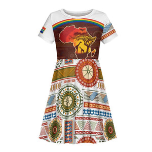 African Sunset Kid Short Sleeve Dress Tribal Pattern Continent Silhouette - Rainbow Arc Safari Scene