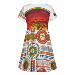 African Sunset Kid Short Sleeve Dress Tribal Pattern Continent Silhouette - Rainbow Arc Safari Scene