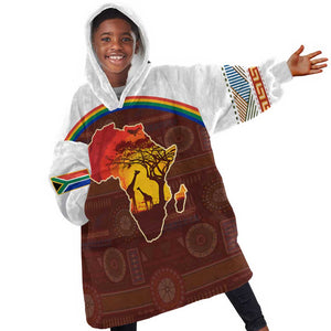 African Sunset Kid Wearable Blanket Hoodie Tribal Pattern Continent Silhouette - Rainbow Arc Safari Scene