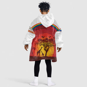 African Sunset Kid Wearable Blanket Hoodie Tribal Pattern Continent Silhouette - Rainbow Arc Safari Scene