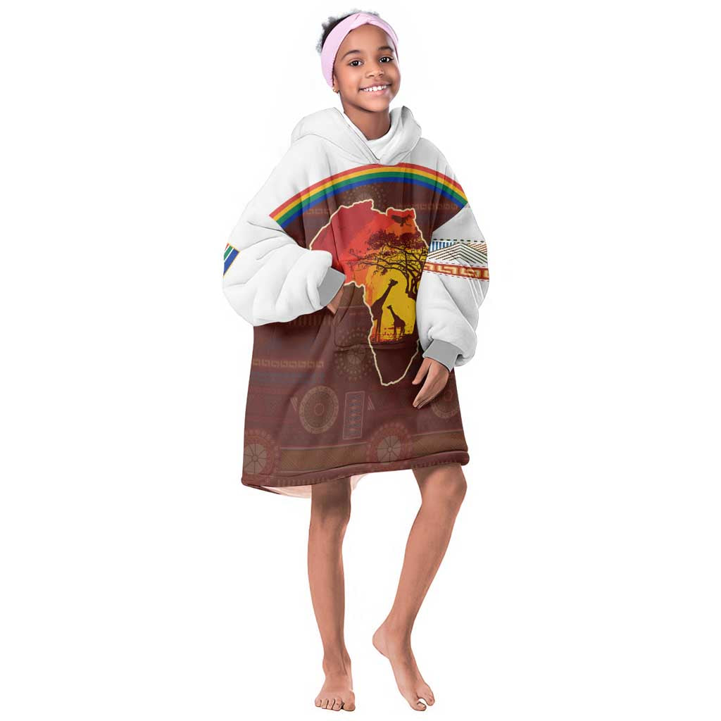 African Sunset Kid Wearable Blanket Hoodie Tribal Pattern Continent Silhouette - Rainbow Arc Safari Scene